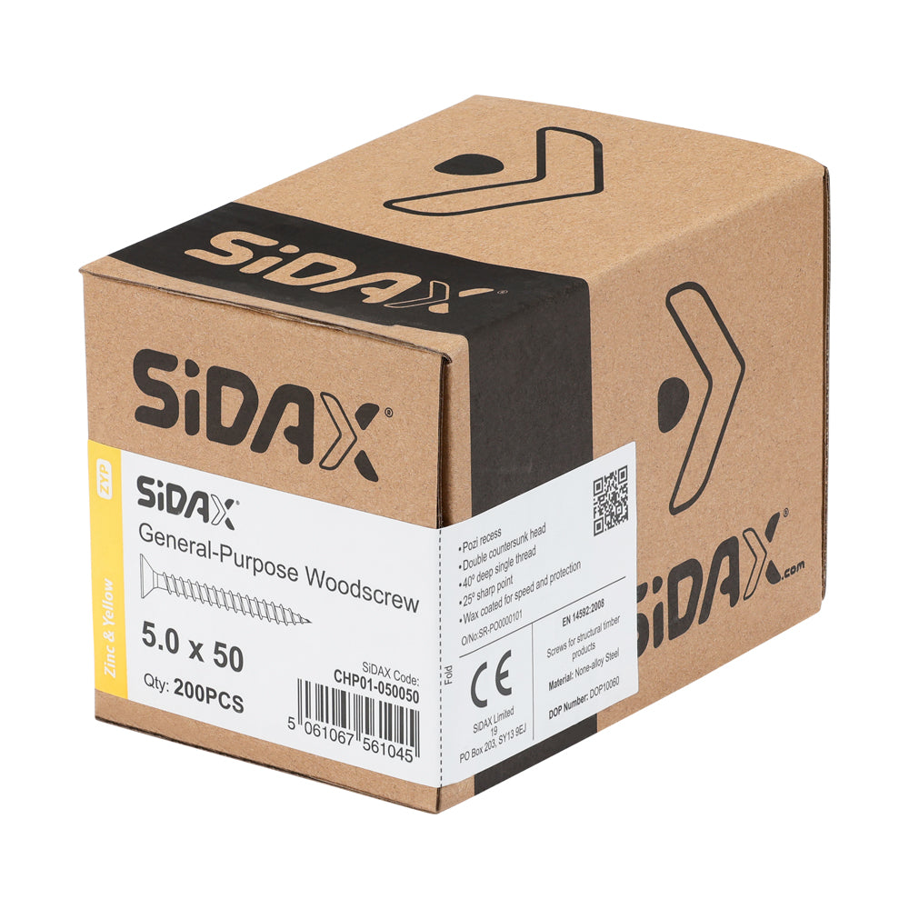 Woodscrews  PoziDrive PZ2 Double Countersunk Zinc and Yellow 5.0 x 50mm sidax