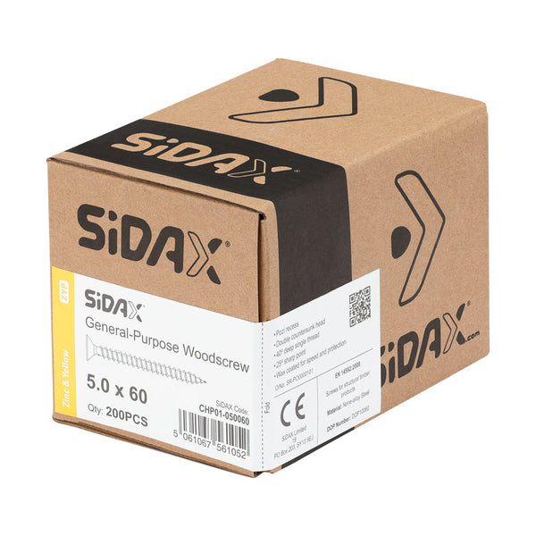 Woodscrews PoziDrive PZ2Double Countersunk Zinc and Yellow 5.0 x 60mm sidax