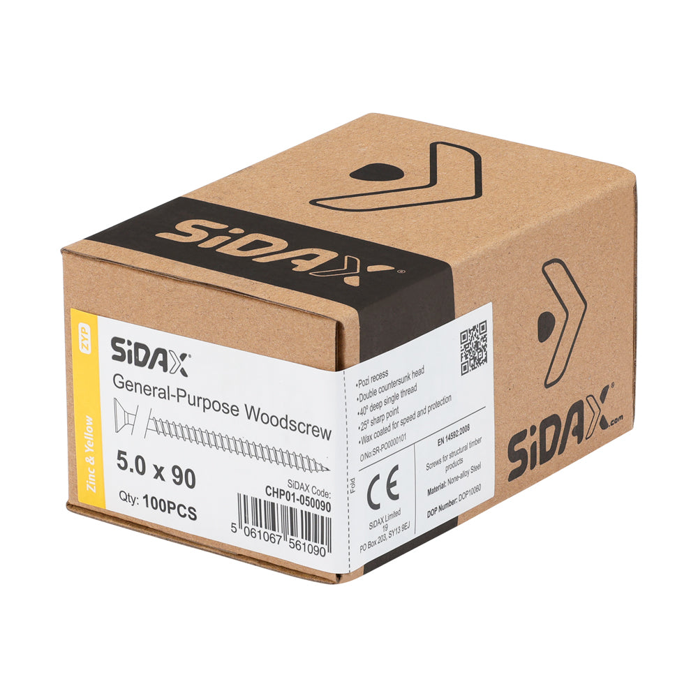 Woodscrews  PoziDrive PZ  Double Countersunk Zinc and Yellow 5.0 x 90mm sidax