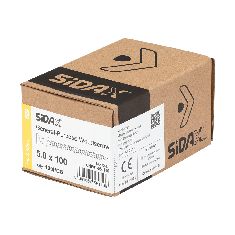 Woodscrews  PoziDrive PZ2  Double Countersunk  Zinc and Yellow 5.0 x 100mm sidax