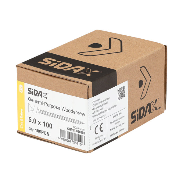 Woodscrews  PoziDrive PZ2  Double Countersunk  Zinc and Yellow 5.0 x 100mm sidax
