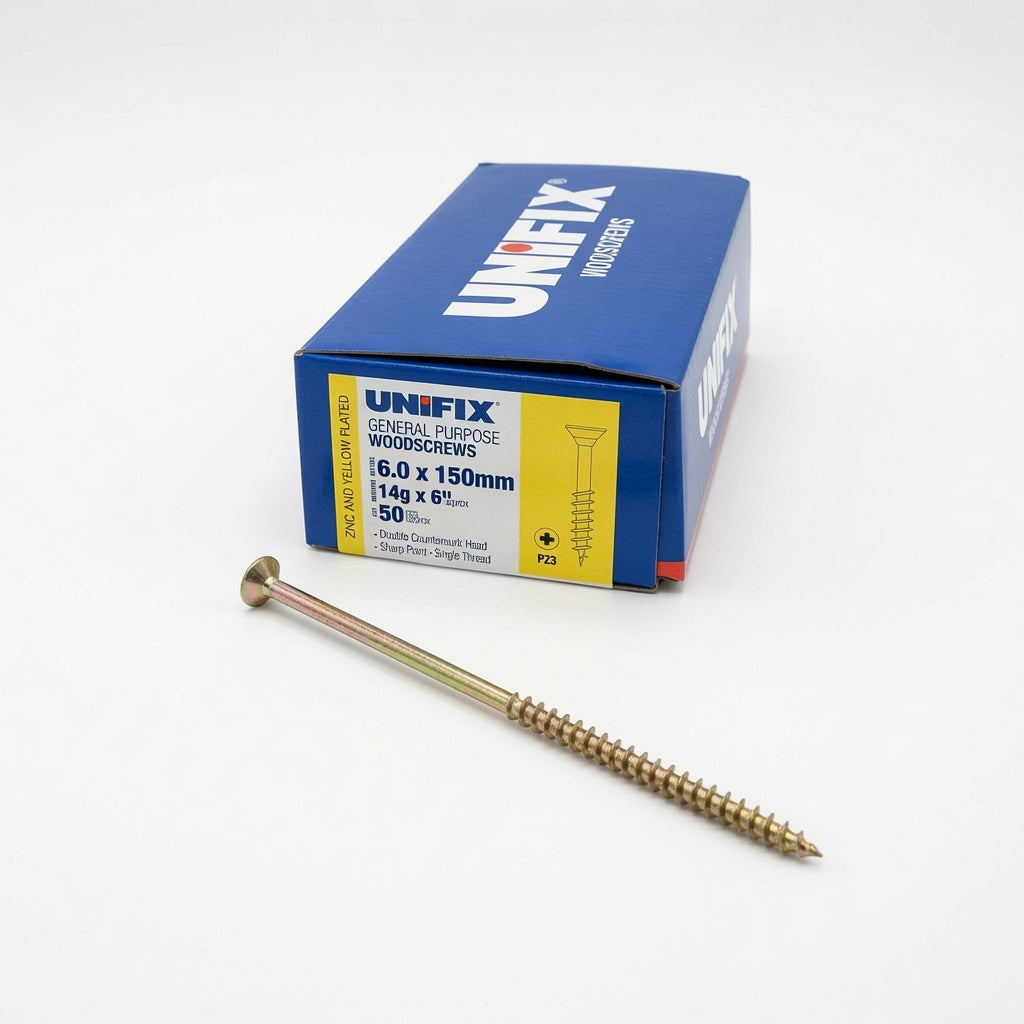 Wood Screws 6.0 X 150Mm, Box of 50, Csk Pozi Yellow Passivated Wood Screws