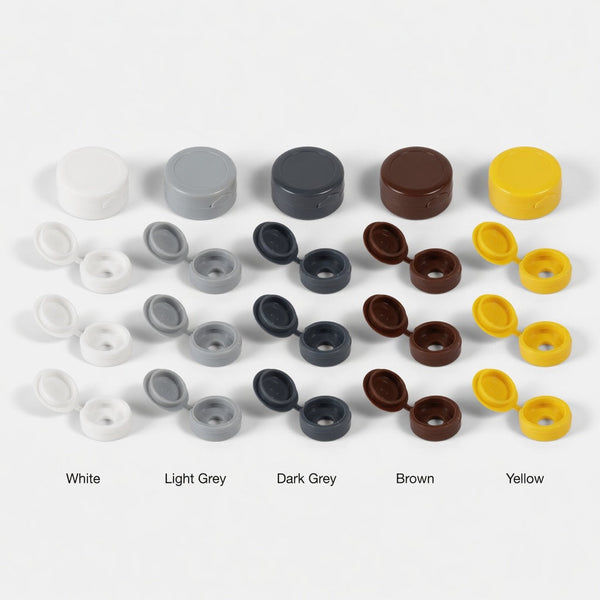 SMALL PLASTIC HINGED SCREW COVER CAPS WHITE YELLOW BLACK BLUE BROWN 6g/8g Gauge tstrade