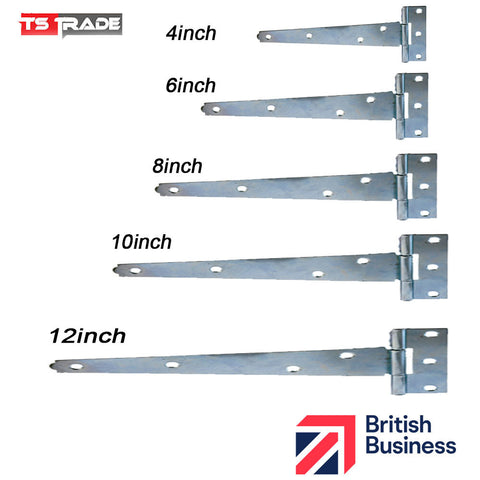 GALVANISED TEE HINGE PAIR Small-Large Outdoor Door Gate Shed Zinc Metal T Hinges