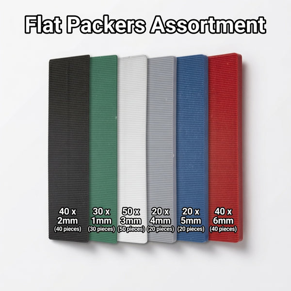 Flat Packers Shims set Assorted 200pc Multi-Colored Padded Adjusting Plates, Durable Plastic Material for Windows and Door Frames